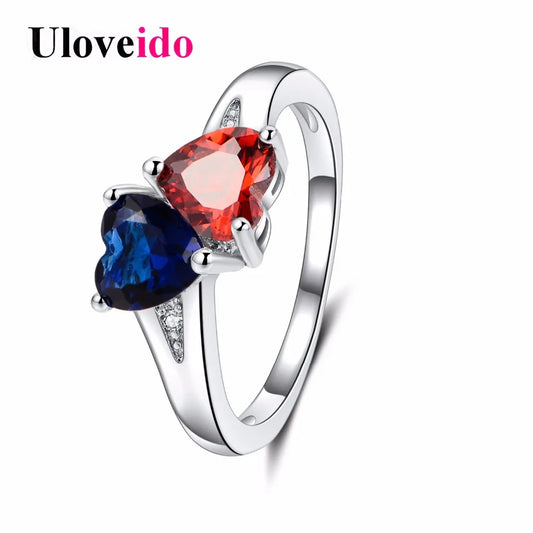 Women's Blue/Red Heart Crystal Wedding Engagement Ring.