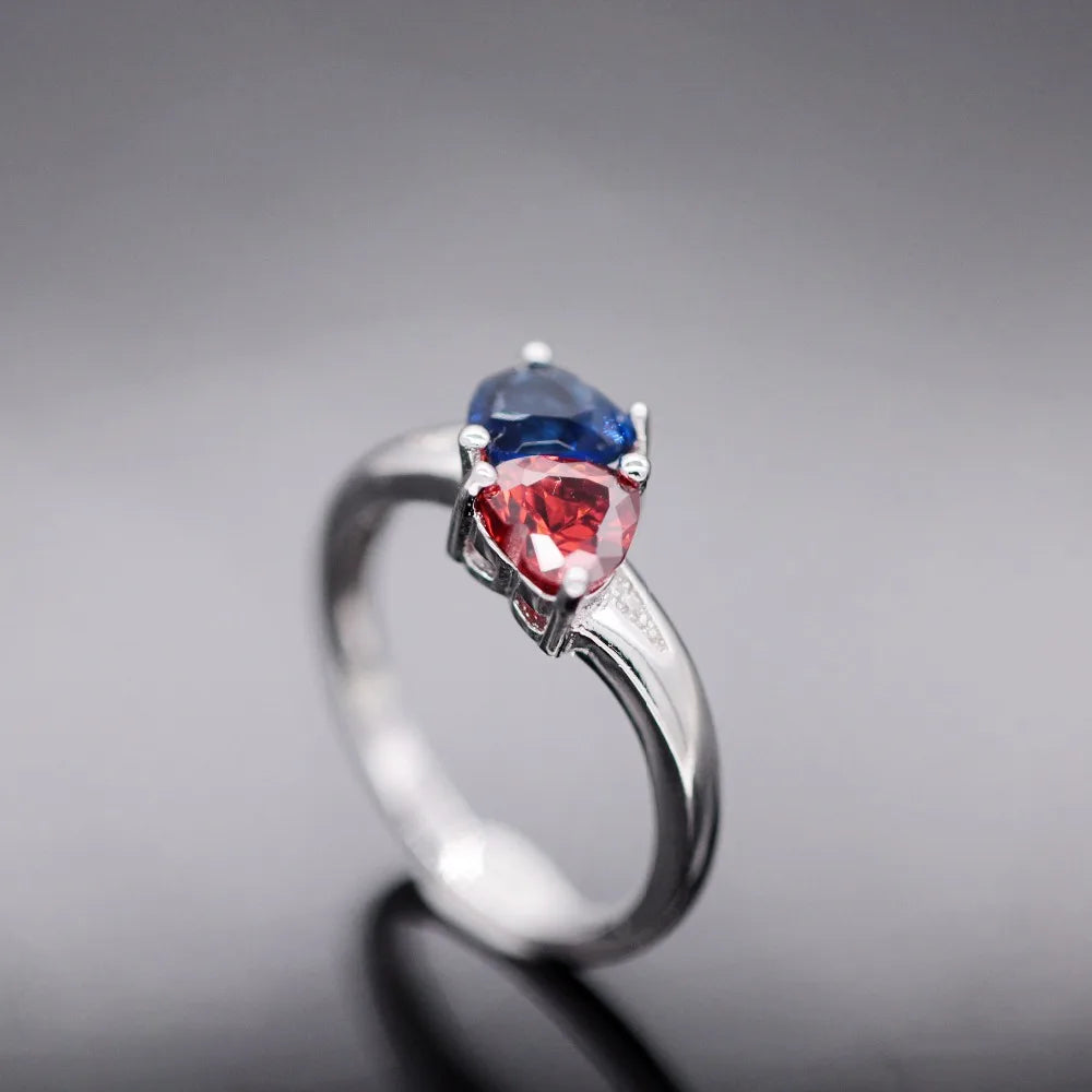 Women's Blue/Red Heart Crystal Wedding Engagement Ring.