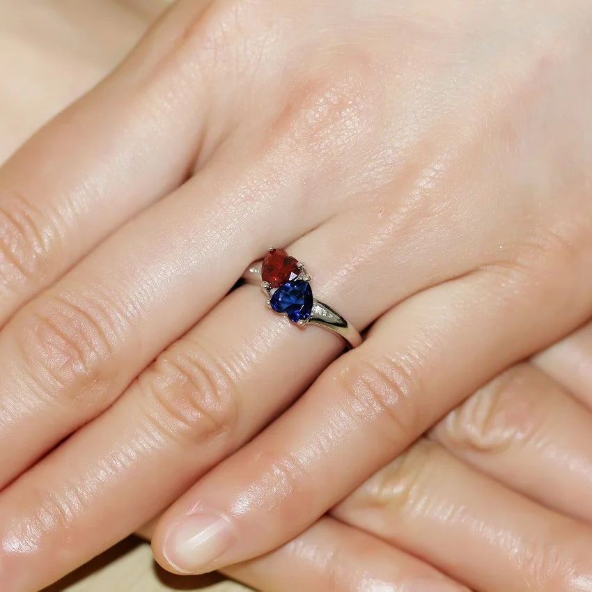 Women's Blue/Red Heart Crystal Wedding Engagement Ring.