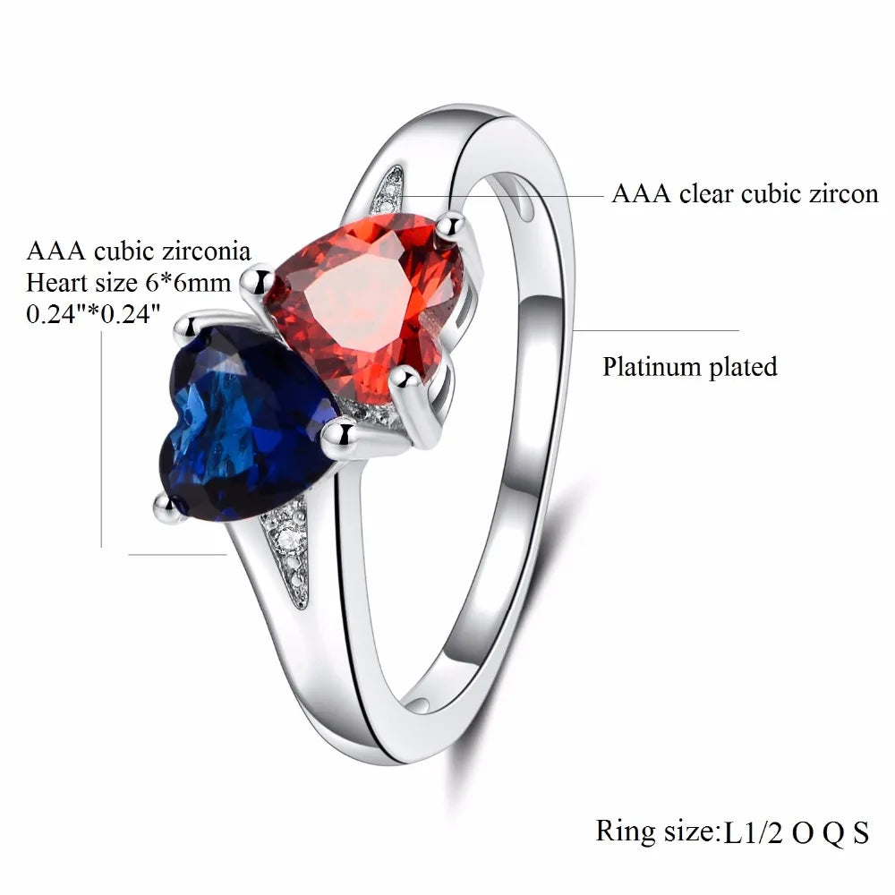 Women's Blue/Red Heart Crystal Wedding Engagement Ring.