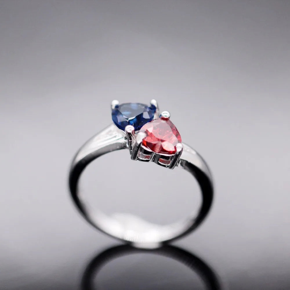 Women's Blue/Red Heart Crystal Wedding Engagement Ring.