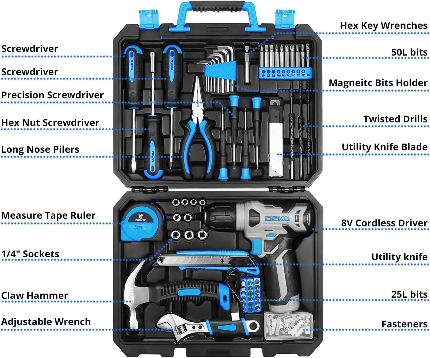 8V Tool Set with Cordless Drill/126 Pieces.