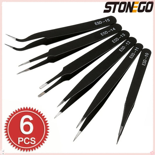 STONEGO 6PCS Anti-static Stainless Steel Tweezers Set