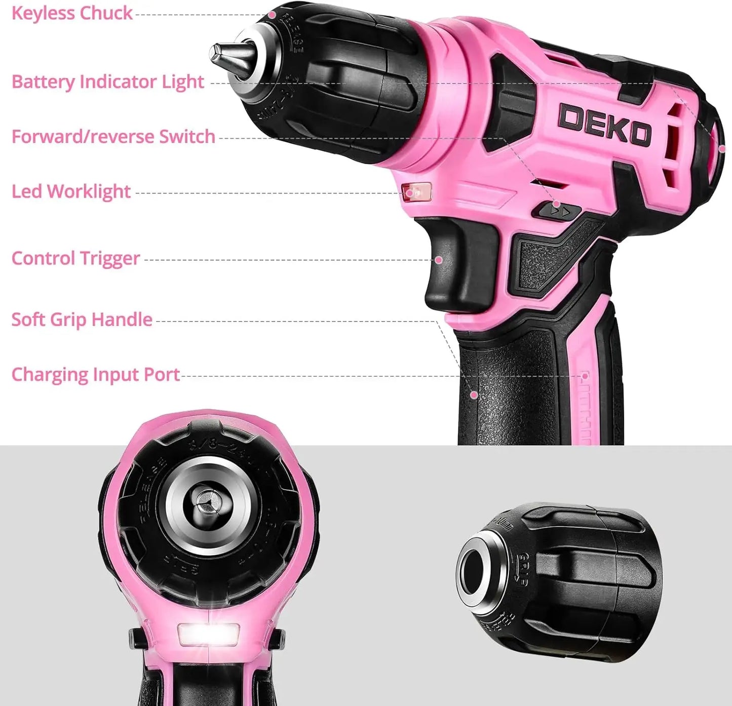 DEKO 8V Pink Cordless Drill Set