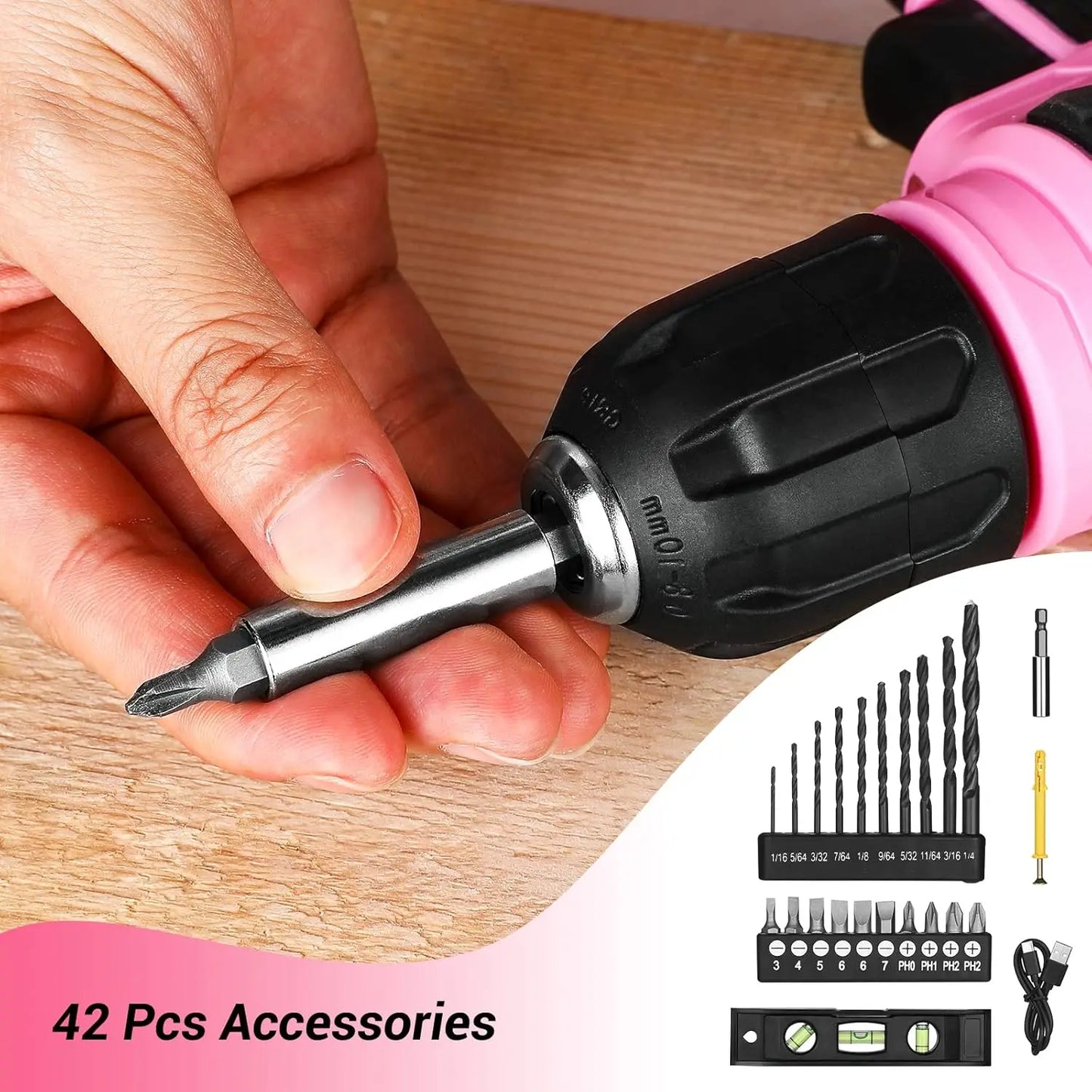 DEKO 8V Pink Cordless Drill Set