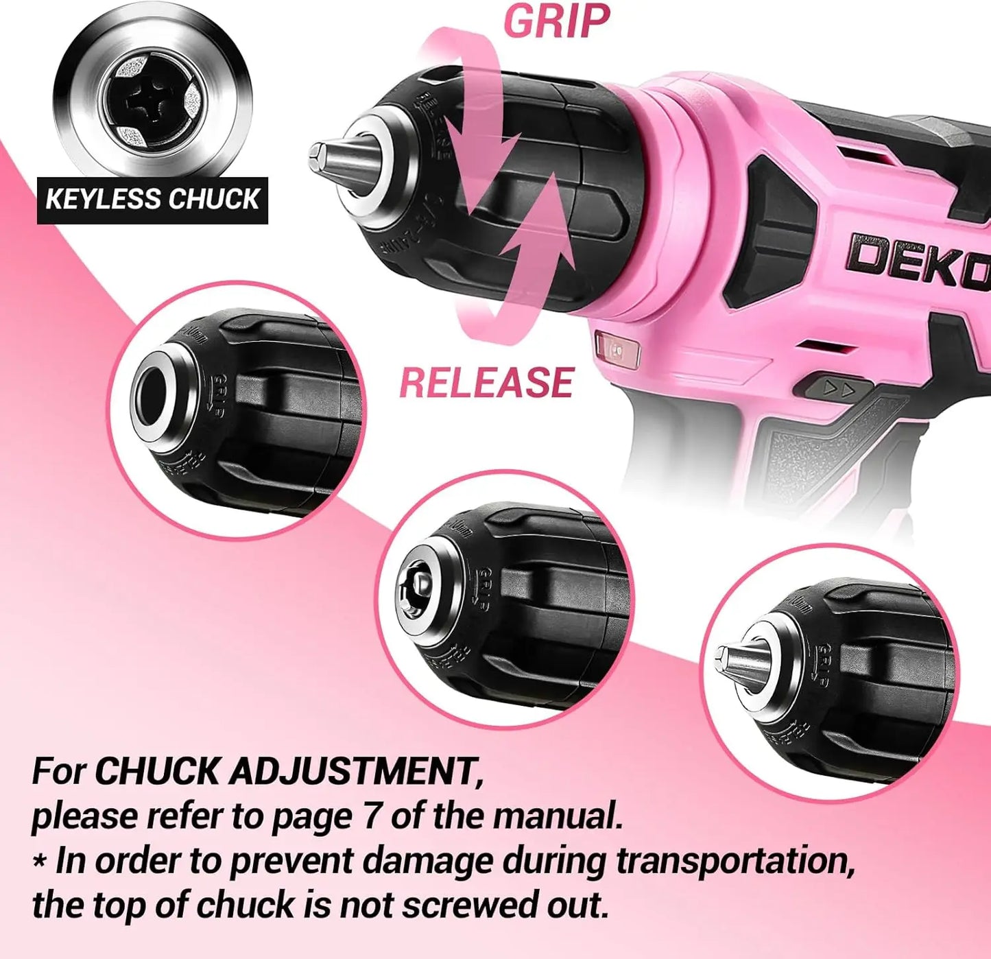 DEKO 8V Pink Cordless Drill Set