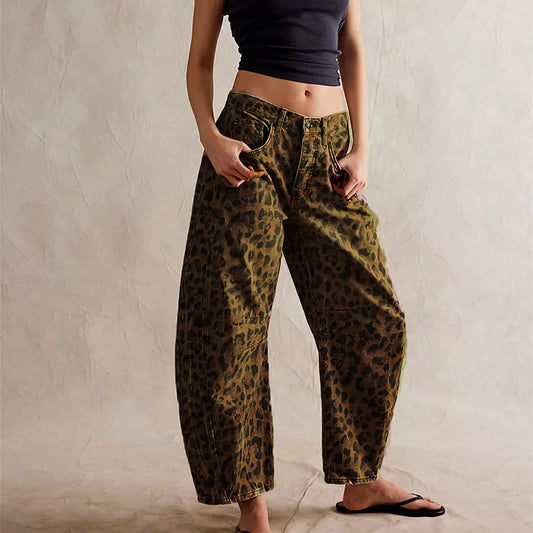 Women Leopard Barrel Jeans.