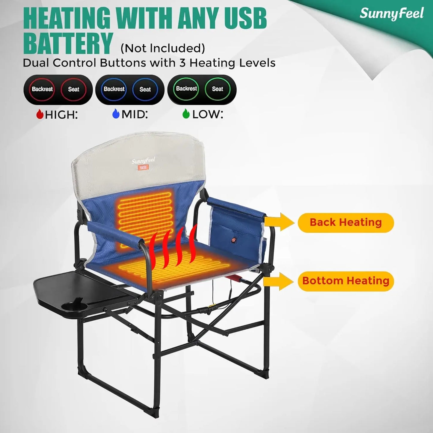 Heated Camping Directors Chair, Heavy Duty,Oversized